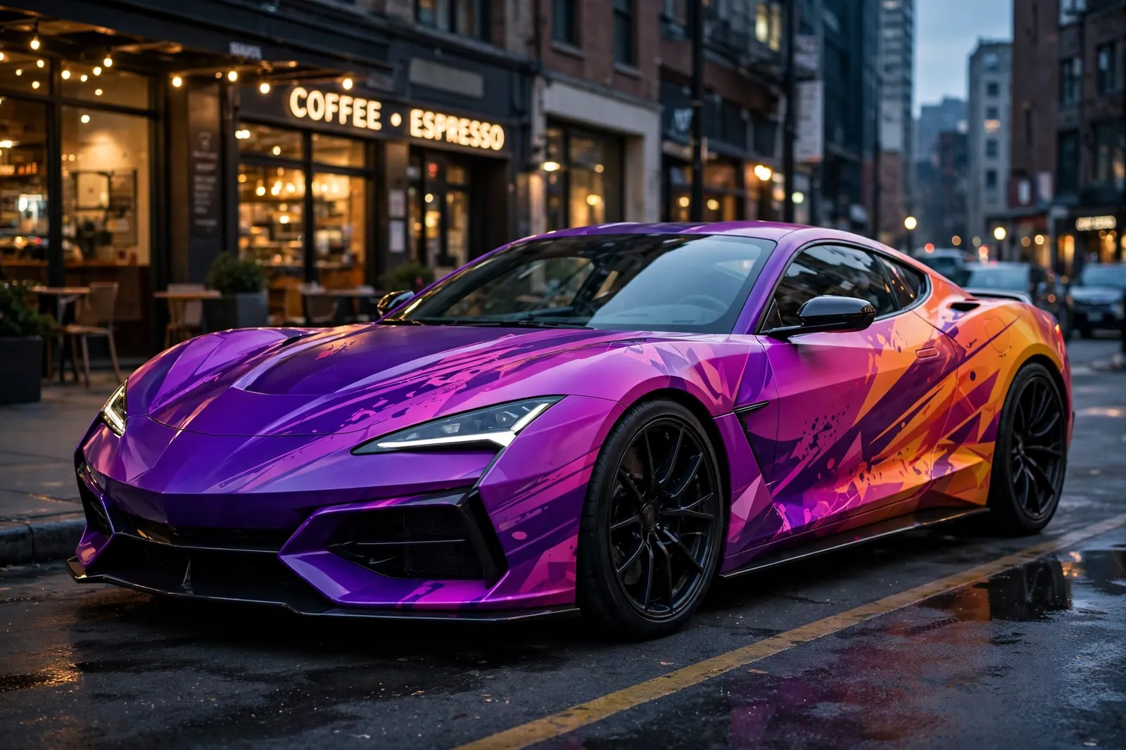 Sports car with full custom vinyl wrap