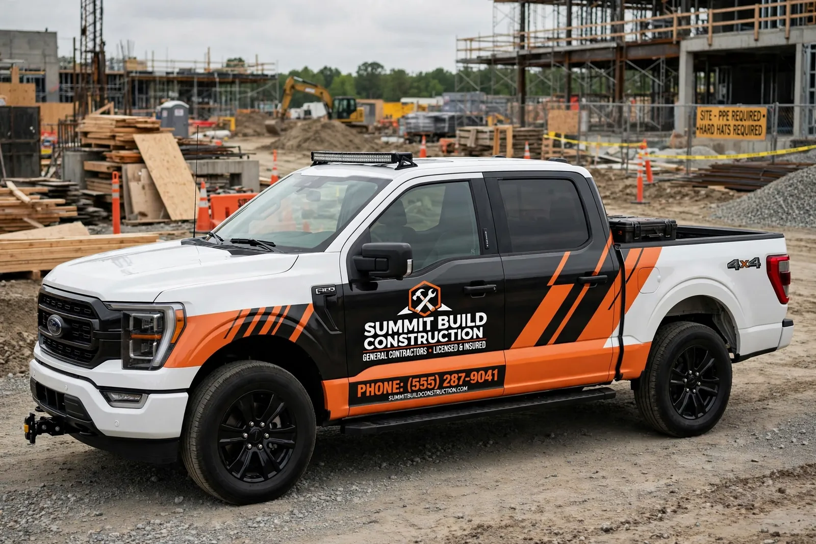 Construction company pickup truck with commercial wrap branding